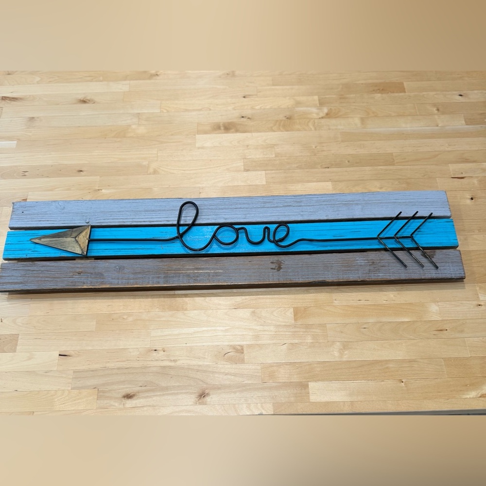 LOVE Sign in Distressed Wood Style with a Dark Aqua Detail.  Blue Paint- 28x6.5”
